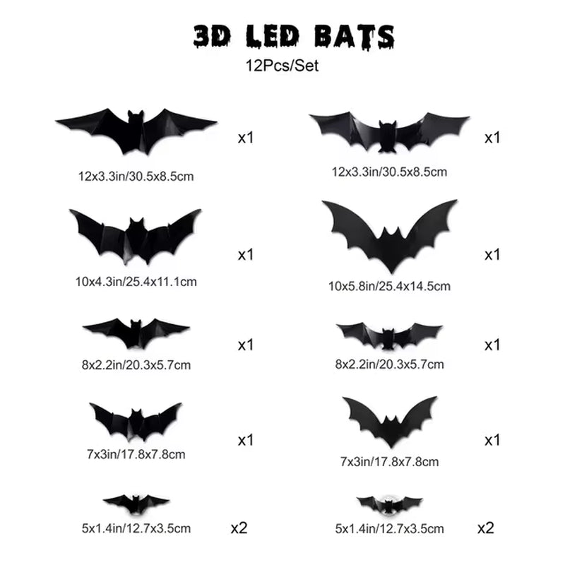 12/24Pcs Halloween New Night Light Bat PET Stereoscopic Bat Festival Party Decoration LED Night Light Wall Decal