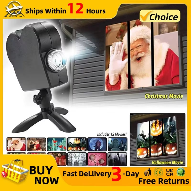 Xmas Halloween Window Projector Lamp Outdoor Holiday Led Holographic Projection Lamp Cartoon Movie Home Deco Sell Display Screen