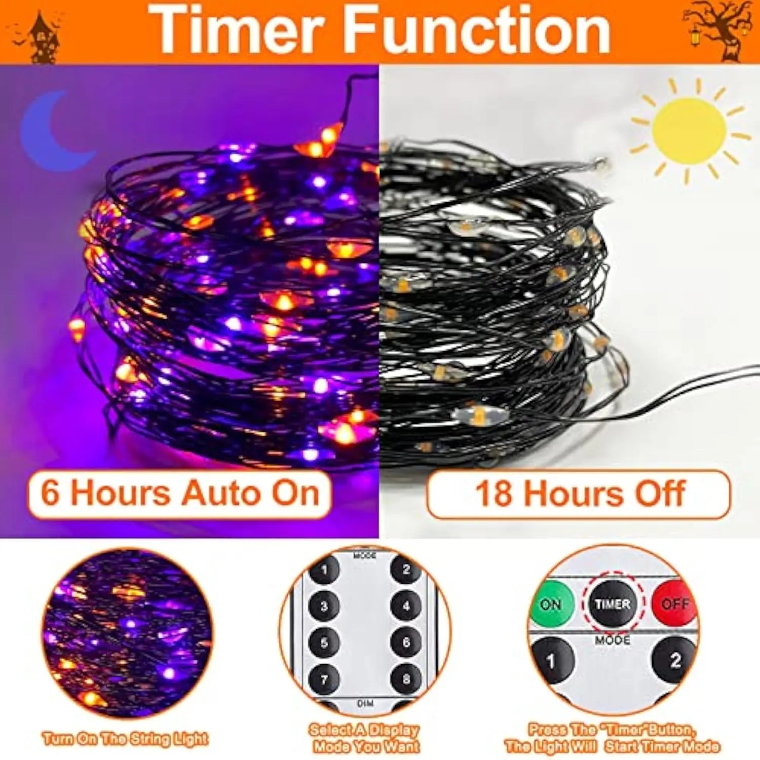 60M 600 Leds Halloween Orange and Purple String Lights Halloween Fairy Lights 8 Modes for Outdoor Garden Balcony Party Christmas